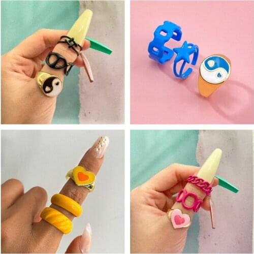 Vintage Geometric Heart Rings Set for Women Girls Fashion Black Blue Resin Yin Yang Love Heart Adjustable Ring Jewelry Gifts