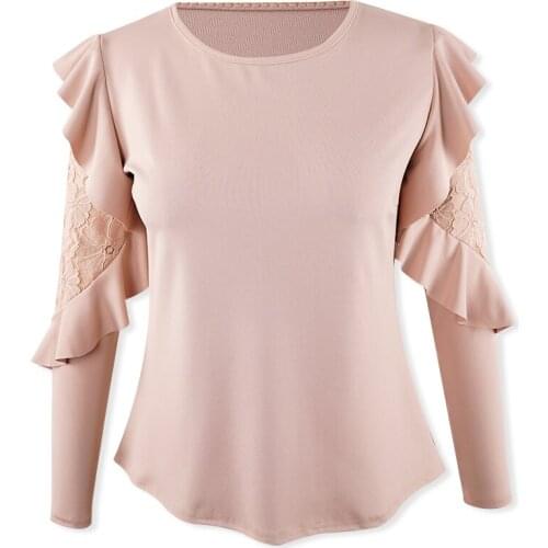 Lace Khaki T shirt Women Ruffles Long Sleeve Round Neck Slim Vintage Tops Tee Shirt Solid Sexy clothes women 2019