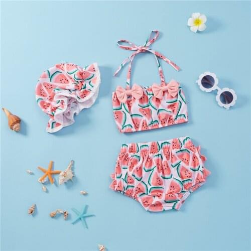 3Pcs Baby Girls Split Swimsuit Set Watermelon Print Sleeveless Bikini with Bow-knot+Shorts+Stretchy Hat Kids Girl Beachwear