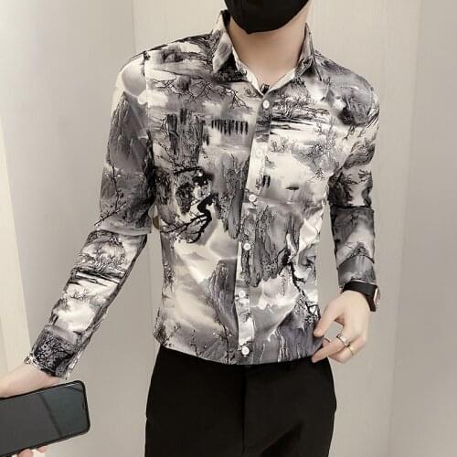 Landscape Painting Mens Shirt 2021 Autumn Long Sleeve Slim Casual Shirt Male Business Formal Dress Shirts Social Party Clothing