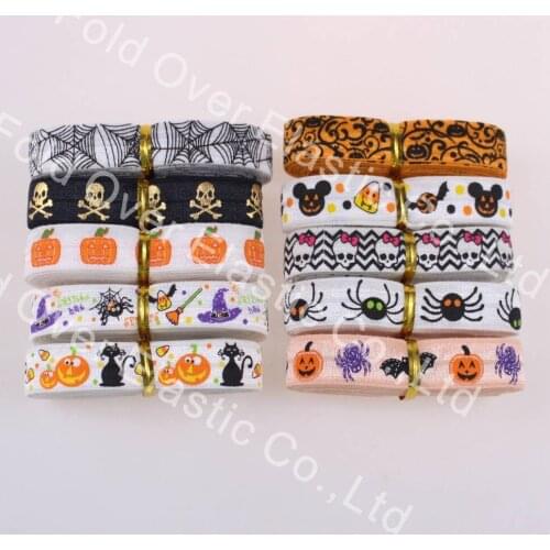 20yards/lot 2yards each pattern 5/8''fold over elastic FOE Halloween pumpkins printed headband headwear hair band diy