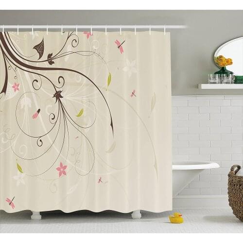 Dragonfly Shower Curtain Spring Field Bouquet Shabby Chic Abstract Blossom Greenland Graphic Art Waterproof Bath Curtains