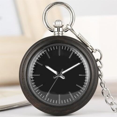 Luminous Hands Black Dial Ebony Wood Quartz Pocket Watch Open Face Pendant Natural Retro Pocket Clock Silver Pocket Chain
