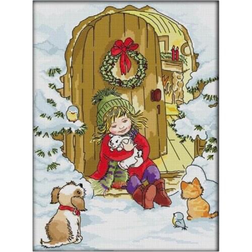 Cross Stitch 11CT Stamped Kits Printed Embroidery Cloth Needlepoint Kits For Girls And Animals On Christmas Eve