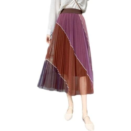 2021 New Arrival Spring Summer Women High Waist Slim A-Line Long Skirt Fashion Contrast Color Patchwork Pleated Mesh Skirt