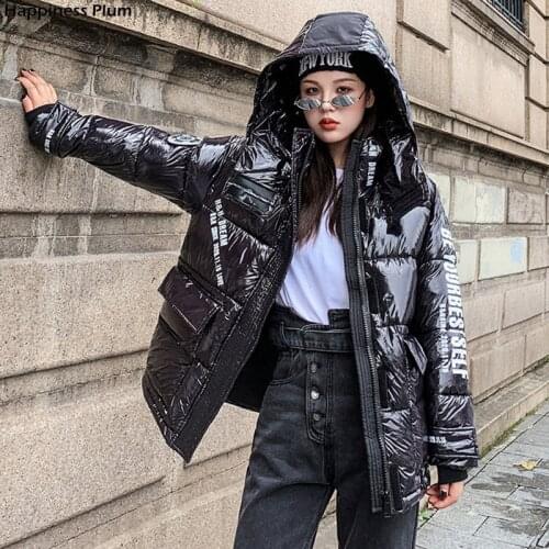 Womens Winter Jacket Parkas Hooded Shiny FemaleThicken Warm Coats Glossy Plus Size Cotton Padded With Zipper Coat Outwear