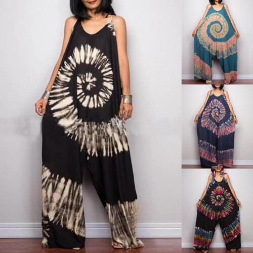 Womens Wide Leg Jumpsuits Summer Women Jumpsuit Tie Dye Print Wide Leg Summer Sleeveless Shoulder Strap Jumpsuit Loose Rompers