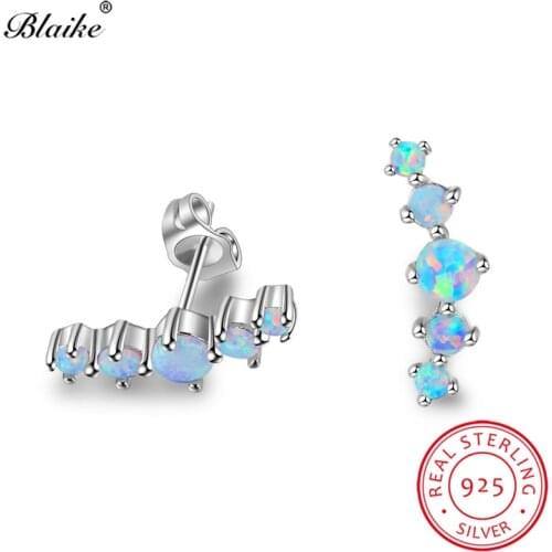 Blaike 925 Sterling Silver Stud Earrings White/Blue Fire Opal Earrings For Women Single Row Rainbow Birthstone Fine Jewelry Gift