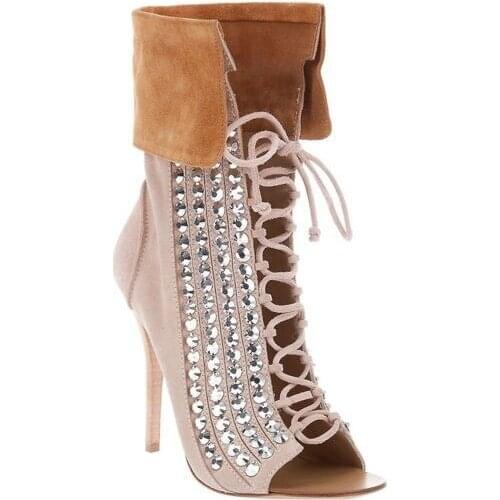 Hottest Lace-up Crystal Thin Heel shoes woman Name Brand Celebrity Suede Peep Toe Short Boots for Party Lady Love Size 10 Drop S