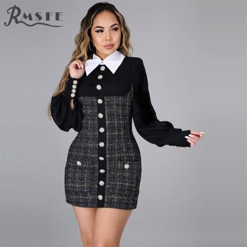 RMSFE 2021 European And American Womens Small Fragrance Print A-Line Buttock Fashion Lapel Long Sleeve Dress