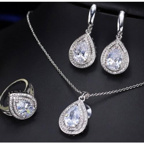 Zlxgirl Romantic Trendy Set bridal Jewelry Water Drop CZ Wedding Jewelry Sets For Brides Silver-color Jewelry