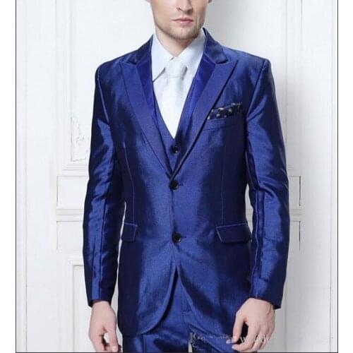 2017 Latest Coat Pant Designs Royal Blue Satin Men Suit Prom Tuxedo Slim Fit 3 Piece Groom Style Suits Custom Blazer Masuclino