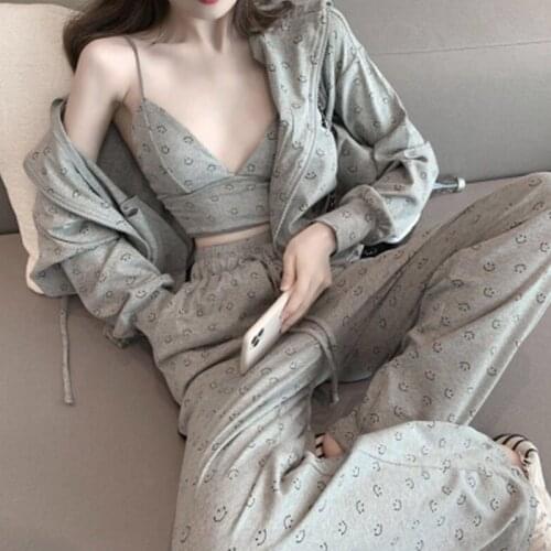 2021 Elegant Casual Daily Sport Outfits Bandage Print V-neck 3 Pieces Set Women Oversized Hooded Long Sleeve Top Full Pant Sets