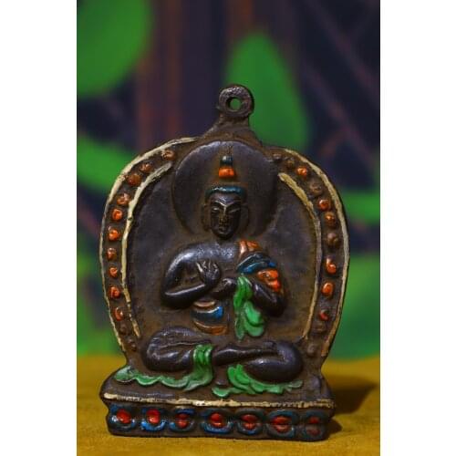 4"Tibet Buddhism Old Bronze Engraved Tracing Shakyamuni Buddha Big Day Tathagata Pendant Amulet Exorcism Ward off evil spirits