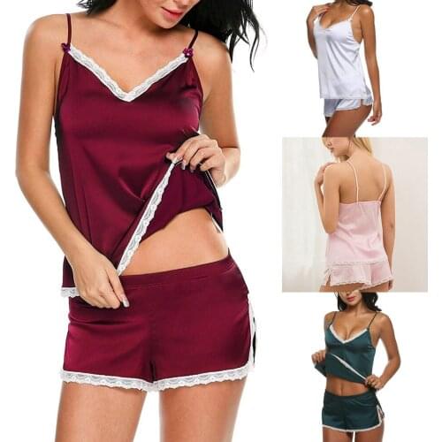 Two Piece Satin Pajama Set Sexy Lace Top And Shorts Pyjamas Spaghetti Strap Sleepwear High Elastic Pijama Nightie Home Clothes