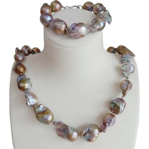 Free shipping big violet baroque pearl jewelry set 100% NATURE FRESHWATER Baroque PEARL- 15-20 mm pearl necklace WITH BRACELET
