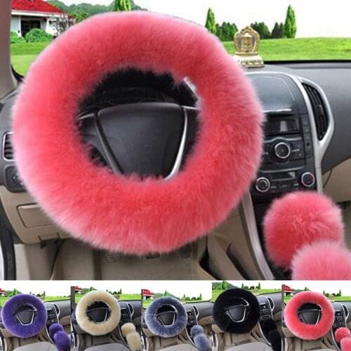 Long Plush Warm Steering Wheel Cover Woolen Handbrake Car Accessory Auto Fur 3pc