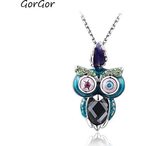 GorGor Necklace Women Alloy Material Pattern Owl Genuine Austrian Crystal Pendant Individuality Smart Party Jewelry 2030405375a