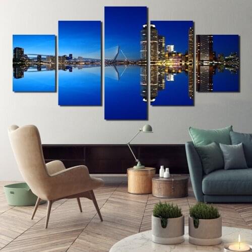 HD Printing 5 Panels Modern Bustling City Night View Poster Home Decoration Canvas Painting Living Room Bedroom Wall Painting