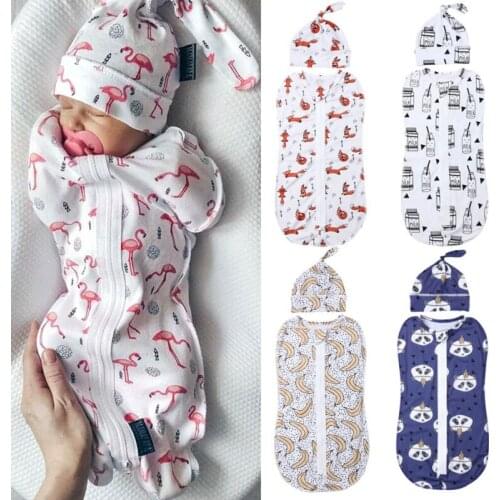 Newborn Baby Cotton Zipper Swaddle Blanket Wrap Cartoon Animal Printed Sleeping Bag with Hat Cap 0-6M