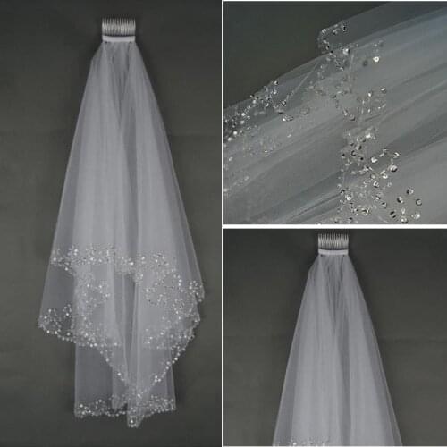Hot Short Wedding Veils With Comb BlingBling Sequined Elbow Length Veils For Bride Ivory White voile mariage Wedding Accessories