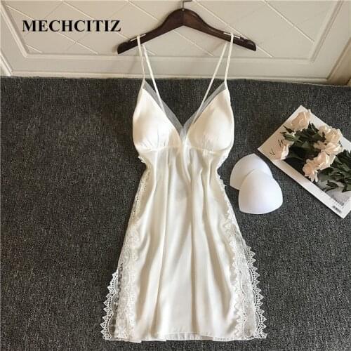 MECHCITIZ Sexy Silk Pijamas 2021 New Summer Lace Satin Sleepwear Temptation Suspender Sleep Tops Lingerie for Women Lounge Wear