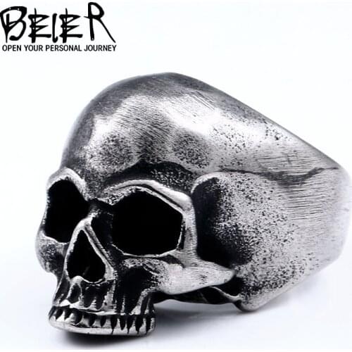 Beier 316L Stainless steel Vintage punk skull mens ring ancient silver color rock fashion jewelry BR8-706