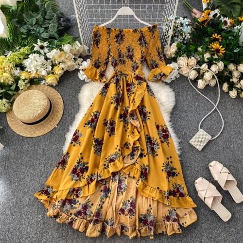 2020 New Summer Dresses Women Print Ruffle Dress Fashion Female Bohemia Beach Party Dress Casual Sexy Maxi Dresses Vestidos P366