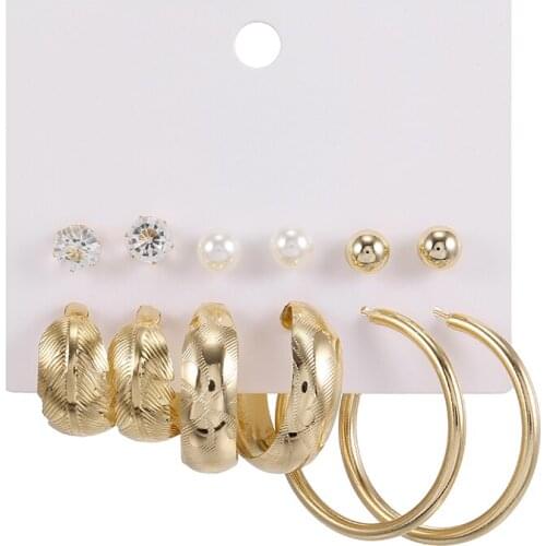 New fashion women jewelry wholesale girl pearl crystal beads round leaf stud earrings sets 6Pairs/sets gift agency shipping