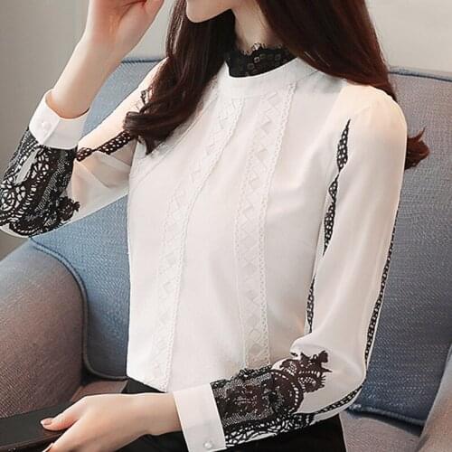 Autumn Long Sleeve White Blouse Women Stand Collar Lace Chiffon Blouse Shirt Tops Women Blusas Mujer De Moda 2021 Blouses A724