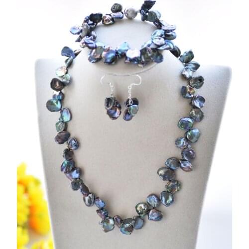 P6996 18mm Peacock-Black Slice Keshi Pearl Choker Necklace Bracelet Earring