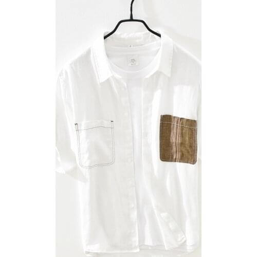 Short Sleeve Shirt for Men Summer New Casual Pure Linen Tops Male Pocket Patchwork Thin Slim Fit Vintage Clothing