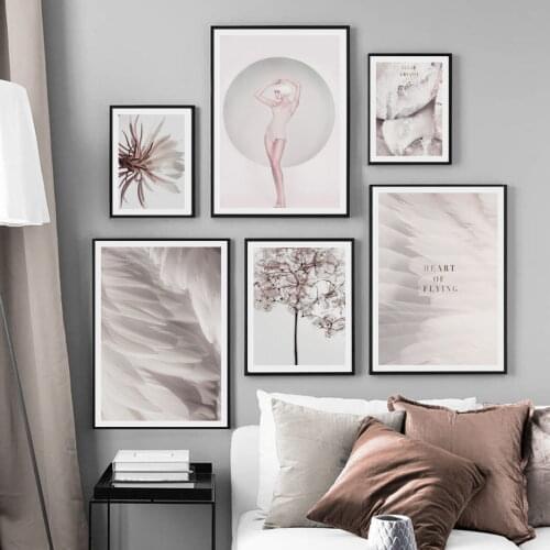 Gray Fashion Girl Flower Plant Feather Wall Art Canvas Painting Nordic Posters And Prints Wall Pictures For Living Room Decor