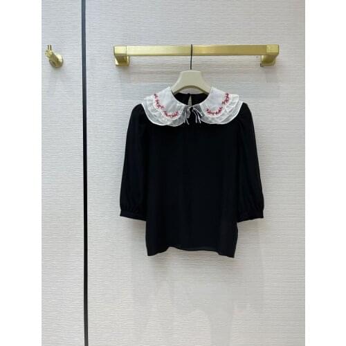 Silk 100% Luxury Brand Blouse for Women 2021 Summer New Floral Embroidery Collar Bow Lapel Half Sleeve Casual Tops Sweet Blouses