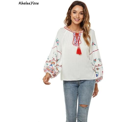 KHALEE YOSE White Floral Embroidery Blouse Shirt 100% Cotton Summer Mexican Shirt Oversized Ethnic Chic Ladies Female Tops 2021