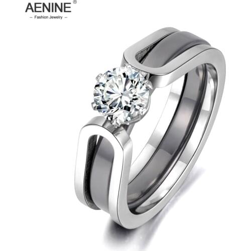 AENINE 2 In 1 Black/White Ceramic Crystal Wedding Rings Jewelry For Women AAA Cubic Zirconia Stainless Steel Engagement AR18071