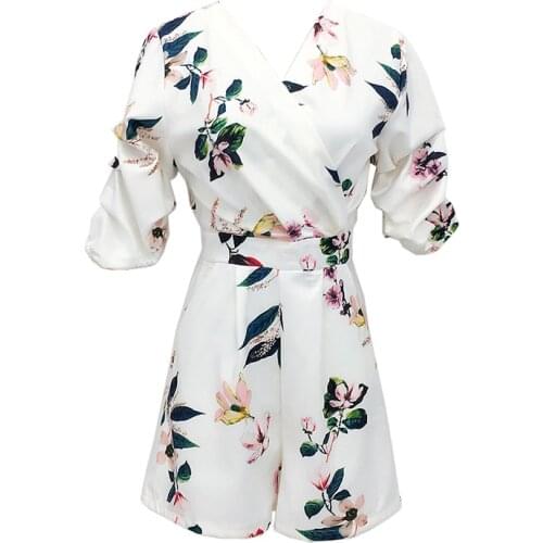 PERHAPS U White Floral Print Short Sleeve Playsuits Rompers Summer Beach J0017