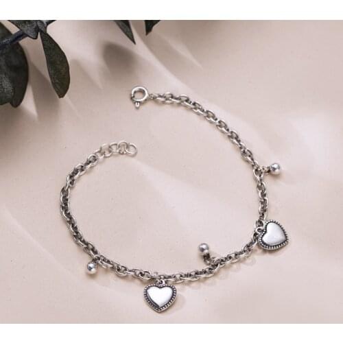 925 Sterling Silver Love Heart Bead Bracelet Vintage Thai Silver Link Chain Bracelet For Women Jewelry Gifts S-B379