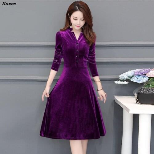 Elegant Velvet Dress Winter V-neck Dresses Retro Women 2018 Autumn Long Sleeve Ladies Office Dress Vestidos Robe Plus Size Xnxee