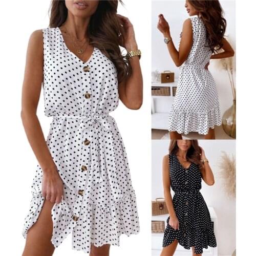 Women V-neck Wavy Points Printed Pattern Dress Elegant Retro Sleeveless Dress Summer Slim A-line Dress With Waistband