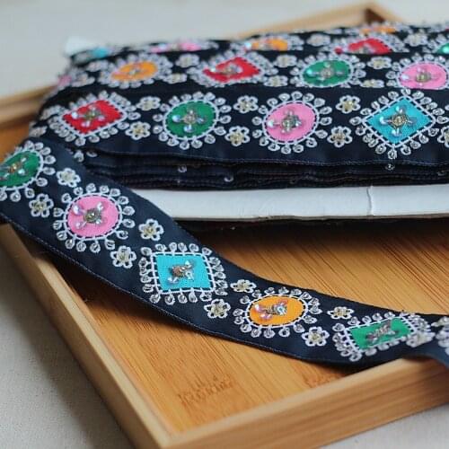 2yard Dark blue High Quality Hand Made Beaded Sequined Wedding Lace Trim Embroidered Retro Lace Bridal 1.58'' Wide