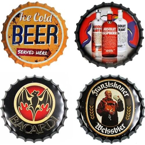 35CM Beer Bottle Cap Retro Plaque Metal Tin Signs Cafe Bar Pub Signboard Wall Decor Vintage Nostalgia Round Plates Art Poster
