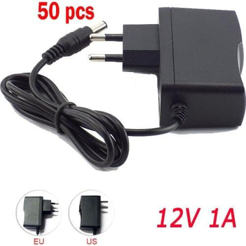 50pcs AC DC Power Adapter supply US EU Plug 100V-240V Converter Charger DC 12V 1A 1000mA 5.5mm x 2.1mm for LED Strip CCTV Camera
