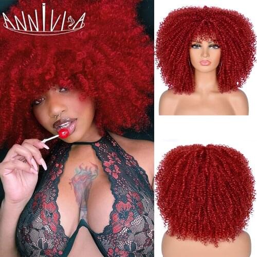 Short Hair Afro Kinky Curly Wigs With Bangs For Black Women African Synthetic Glueless Red Pink Blue White Cosplay Lolita Wigs