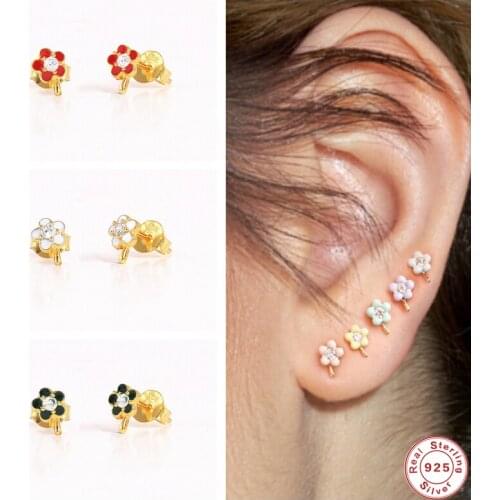 GS 925 Sterling Silver Cute Colorful Enamel Flower Stud Earrings For Women Girls Gift Mini Zircon Dripping Oil Ear Studs Jewel