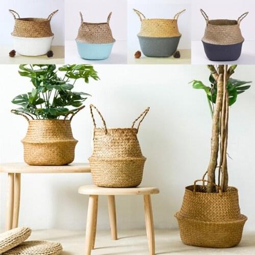 Household Storage Foldable Natural Seagrass Woven Storage Basket Pot Garden Flower Vase Hanging Wicker Bellied Laundry Baskets