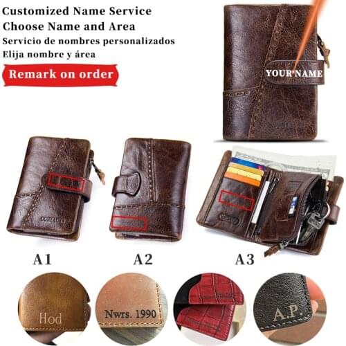 Card Holder Wallets Genuine Leather Mens Free Engraving Name Short Men Wallet With Key Holder Ring Vintage Coin Purse Zipper