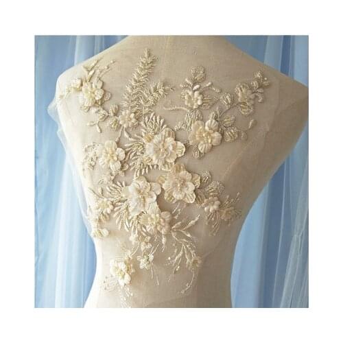 1Pc Ivory/Pink/Burgundy/Red/Sky blue/Champagne/Navy/Camel Flower Lace Patch Lace Beads Applique Trim Wedding Dress Sewing DIY