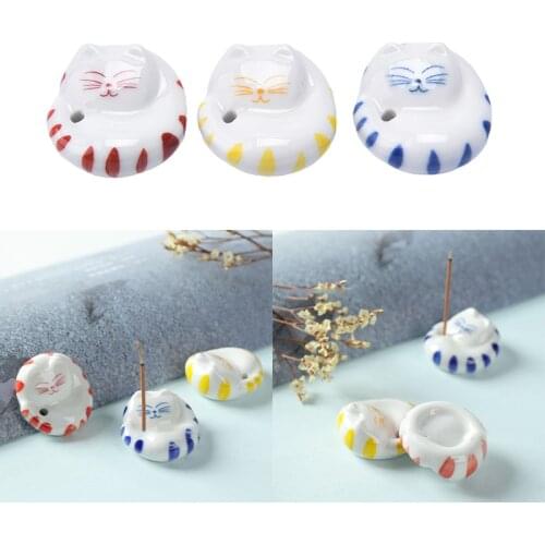 Japanese Style Curled Cat Incense Burner Stick Holder Ceramic Censer Plate Home Fragrance Ornaments Gift
