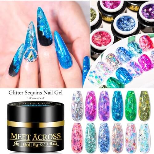 MEET ACROSS 7PCS Nail Flash Diamond Gel Nail Polish Kit Shiny Glitter Sequins Lacquer Varnish Soak Off UV Gel Nail Beauty Design